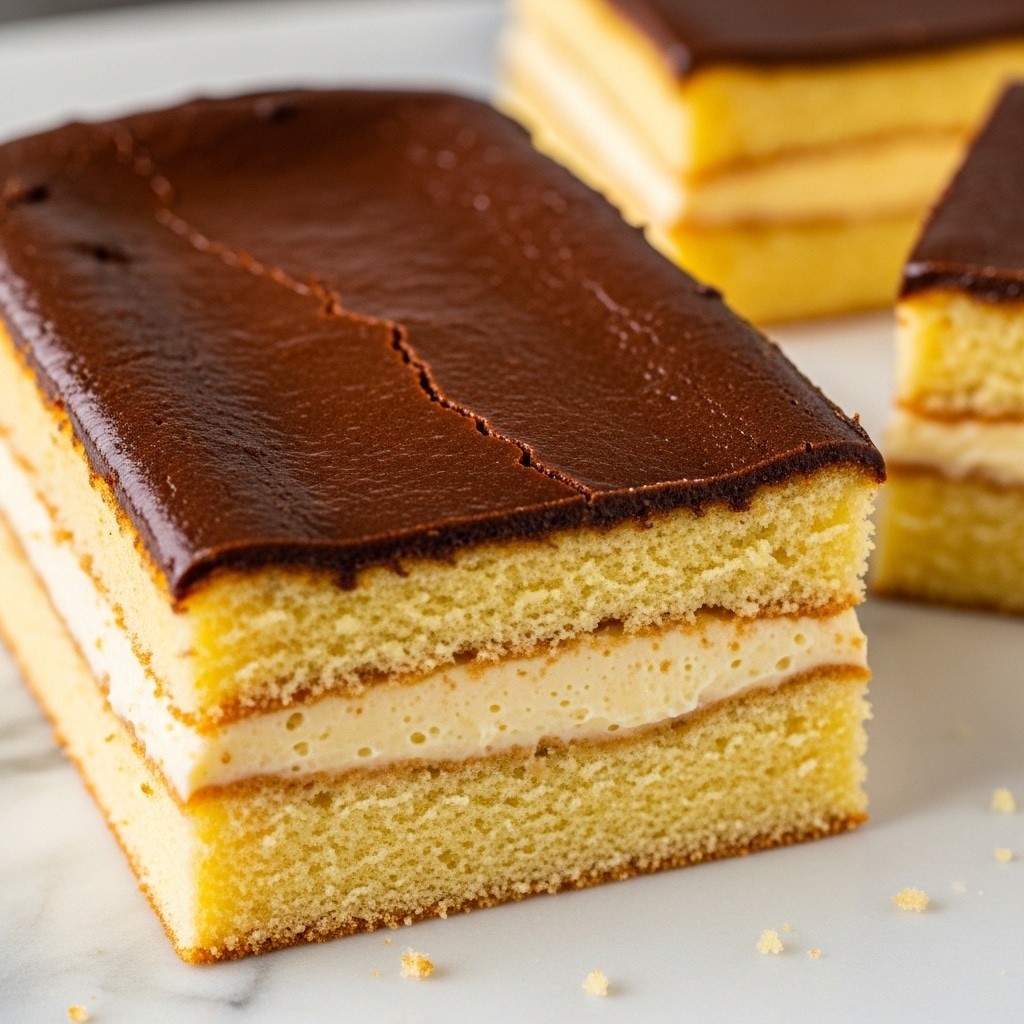 A close-up of a rectangular cake with two layers, the top layer is a smooth, shiny dark brown glaze that slightly cracks at the center, covering the entire cake. The bottom layer is a thick, dense pale yellow sponge with a creamy, softer yellow filling in the middle, clearly separated from the outer cake. The cake sits on a white marbled surface with a few crumbs scattered around, and two more cake slices are partially visible in the background. photo taken with an iphone --ar 4:5 --v 7