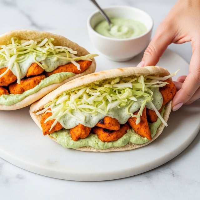 Two pita pockets filled with layers of grilled golden-brown chicken pieces, topped with shredded pale green lettuce, and drizzled with creamy white sauce. The pita bread is lightly toasted with a soft texture and slightly browned spots, folded around the fillings. The sandwich is placed on a white plate against a white marbled surface, with a small bowl of extra sauce nearby. Photo taken with an iphone --ar 4:5 --v 7