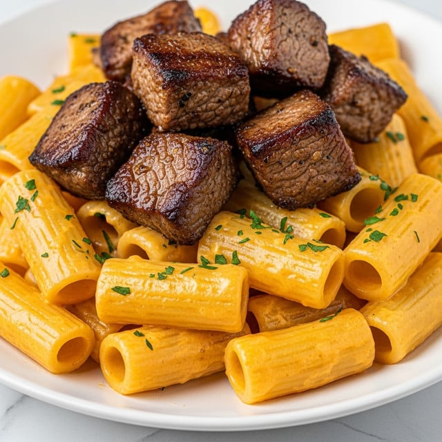 The image shows a close-up of pasta with rigatoni tubes coated in a creamy, light orange sauce, sprinkled with chopped green herbs. On top, there are several chunks of browned, grilled meat with a slightly crispy outside and tender inside. The pasta and meat are placed on a white plate, set on a white marbled surface. The colors and textures highlight the creamy pasta and the juicy meat pieces. photo taken with an iphone --ar 4:5 --v 7