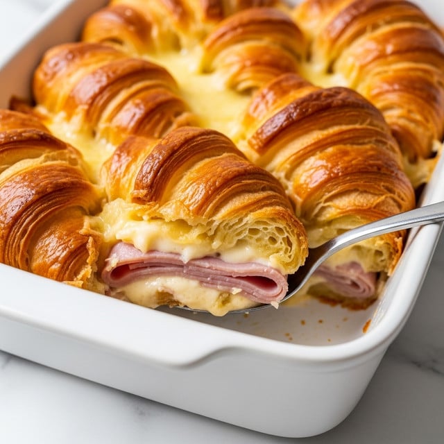 A white baking dish filled with a layered croissant casserole, where the top layer consists of golden-brown, puffy croissant pieces with a shiny and slightly crispy texture. Below the croissants is a creamy layer of melted cheese that looks smooth and gooey, dripping slightly as a silver spoon lifts a portion. The cheese surrounds thin, pale pink slices of ham that add a soft texture and contrast under the croissant layer. The scene is set on a white marbled surface, highlighting the rich, warm colors of the dish. photo taken with an iphone --ar 4:5 --v 7