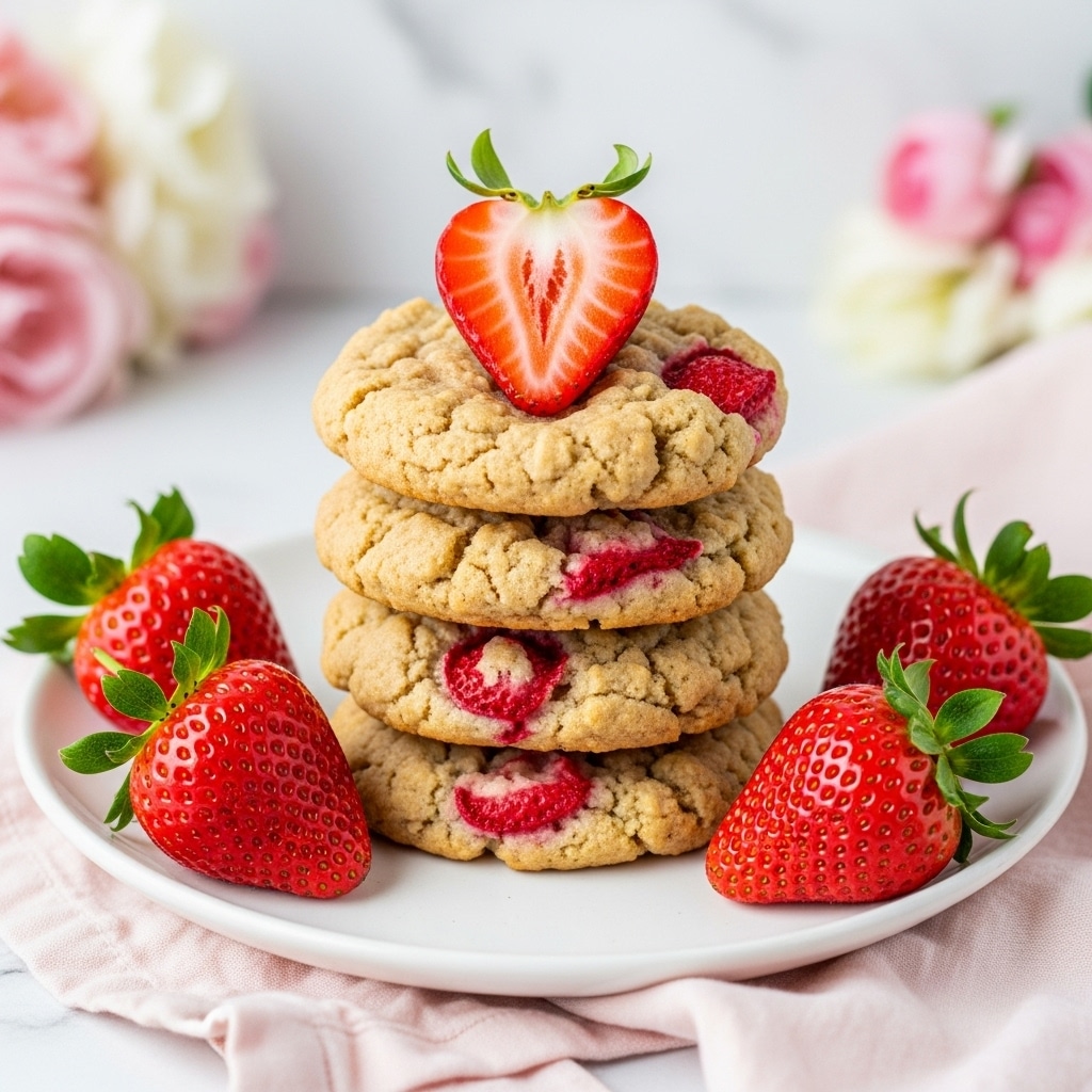 A stack of four oatmeal cookies with visible chunks of red strawberries baked inside, each cookie slightly golden brown and textured with oats. The top cookie is topped with a fresh strawberry slice, and whole fresh strawberries are placed around the base on a white plate. The plate rests on a soft pink cloth with a white marbled surface and soft-focus pink flowers in the background. The cookies are thick, showing a rough, chewy texture with bits of red strawberry peeking through the oats. photo taken with an iphone --ar 4:5 --v 7