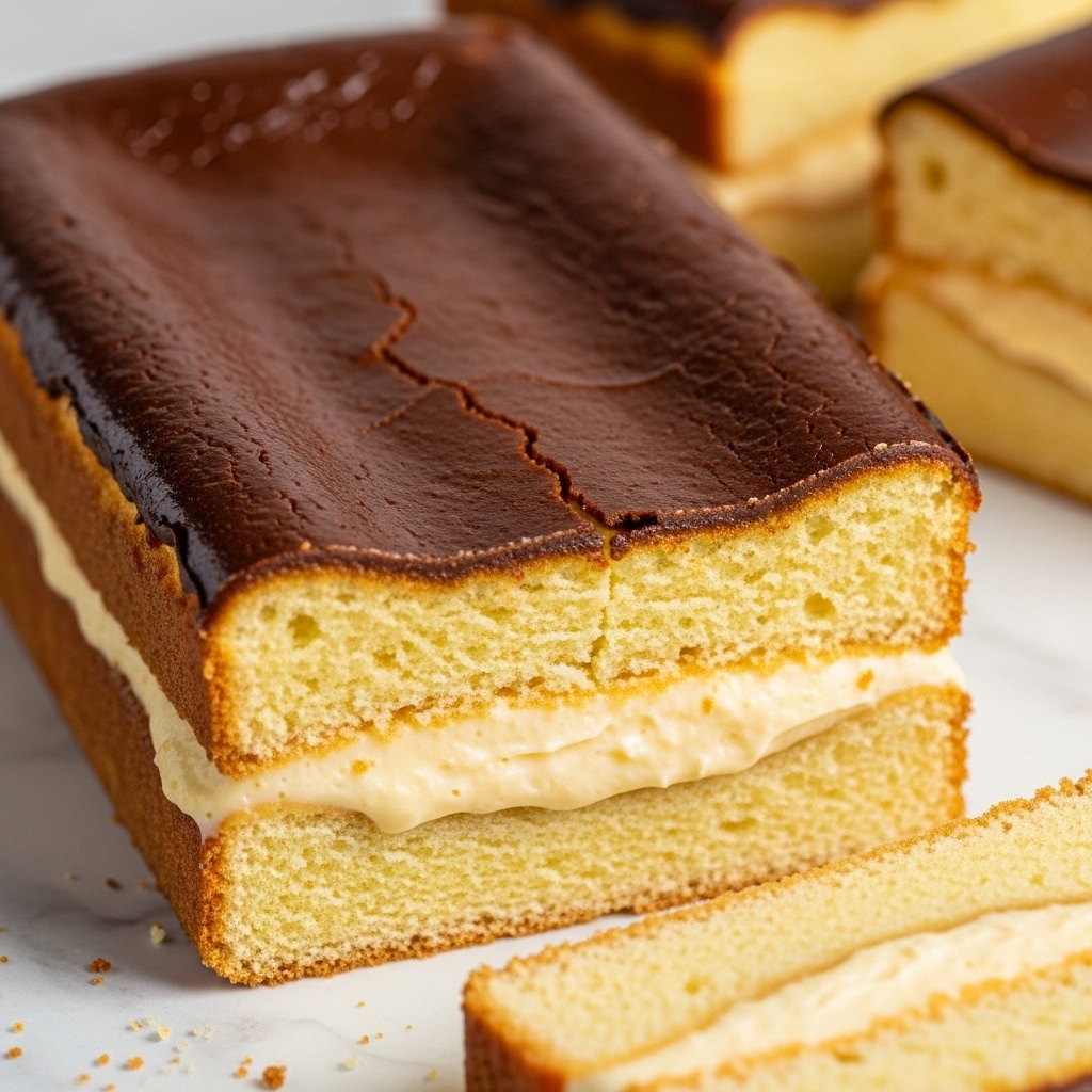 A close-up view of a rectangular cake with a smooth, shiny, dark brown top layer that has a slight crack running down its center. The cake is cut to show two layers inside: a thick, pale yellow creamy layer in the middle surrounded by a slightly lighter yellow, soft, sponge-like outer layer. The edges of the cake are neatly formed, and a few small crumbs are visible on the white marbled surface beneath. Two additional slices of the same cake are blurred in the background on the same surface. Photo taken with an iphone --ar 4:5 --v 7