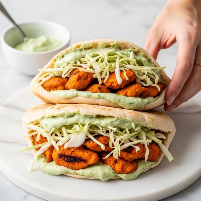Two soft pita breads are filled with bright orange grilled chicken pieces layered underneath a thick, creamy green sauce and topped with finely shredded white cabbage. The pitas are slightly opened to show the colorful filling inside, resting on a white marbled surface. A small white bowl with more sauce is placed nearby, and a woman's hand is reaching toward the pita on the right. The textures show the crispness of the cabbage and the juicy grilled chicken, with the smooth sauce drizzled over the top. Photo taken with an iphone --ar 4:5 --v 7
