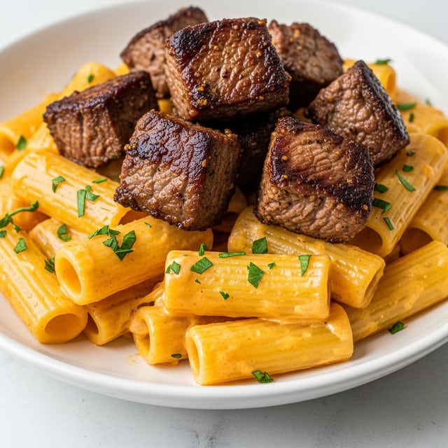 The image shows a close-up of a creamy pasta dish with rigatoni pasta coated in a soft, orange-colored sauce. On top of the pasta, there are several chunks of well-cooked, dark brown, grilled meat pieces, with a slight char. The rigatoni has a smooth texture with small green herb bits sprinkled over it. The dish is presented on a white plate placed on a white marbled surface. Photo taken with an iphone --ar 4:5 --v 7