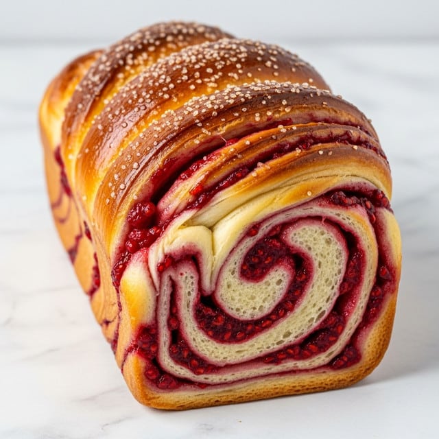 A golden brown brioche loaf with thick, glossy layers twisted to show bright red raspberry swirls inside. The soft dough layers are light beige with a slightly shiny crust, sprinkled with a light dusting of sugar on top. The raspberry filling is rich and textured, with some jam peeking through the twists in deep red shades. The loaf sits on a surface with a white marbled texture, taking up most of the frame. photo taken with an iphone --ar 4:5 --v 7