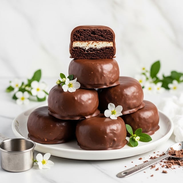 The image shows a stack of six chocolate-covered round cakes arranged on a white wire rack with white baking paper underneath. Each cake has a smooth, glossy dark brown chocolate coating that covers the entire surface. One cake on the top is cut in half, revealing a soft, dark chocolate cake layer on the outside and a fluffy white cream center in the middle. Small white flowers decorate the scene around the cakes, adding a delicate touch. The surface beneath the rack is a white marbled texture with chocolate shavings scattered around and a small metallic round mold in the foreground. The background is softly blurred with a white marbled wall. Photo taken with an iphone --ar 4:5 --v 7