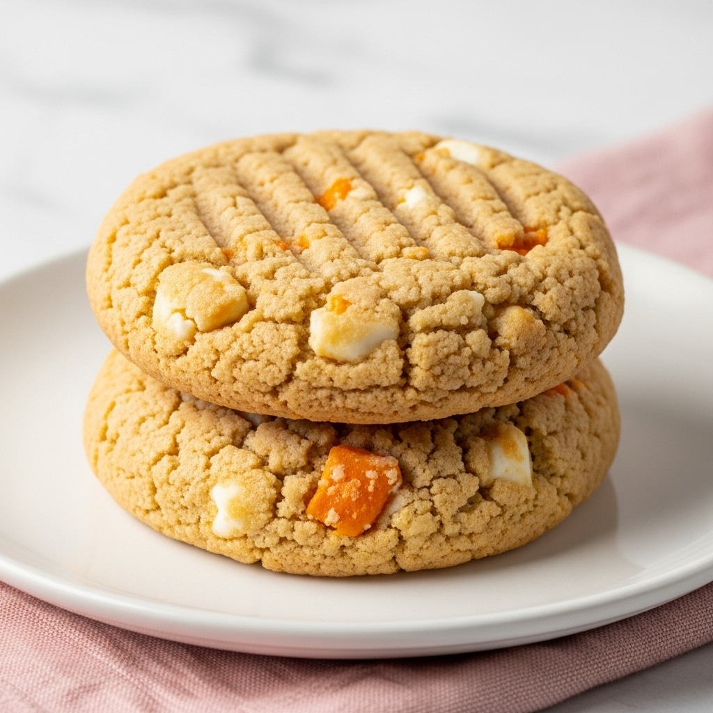 Two thick, round cookies are stacked on top of each other on a white plate. Each cookie has a rough, crumbly texture with visible small white chunks and orange streaks throughout. The top cookie shows a pattern of shallow grooves pressed into its surface. The plate rests on a soft pink cloth, and the background is a white marbled texture. photo taken with an iphone --ar 4:5 --v 7