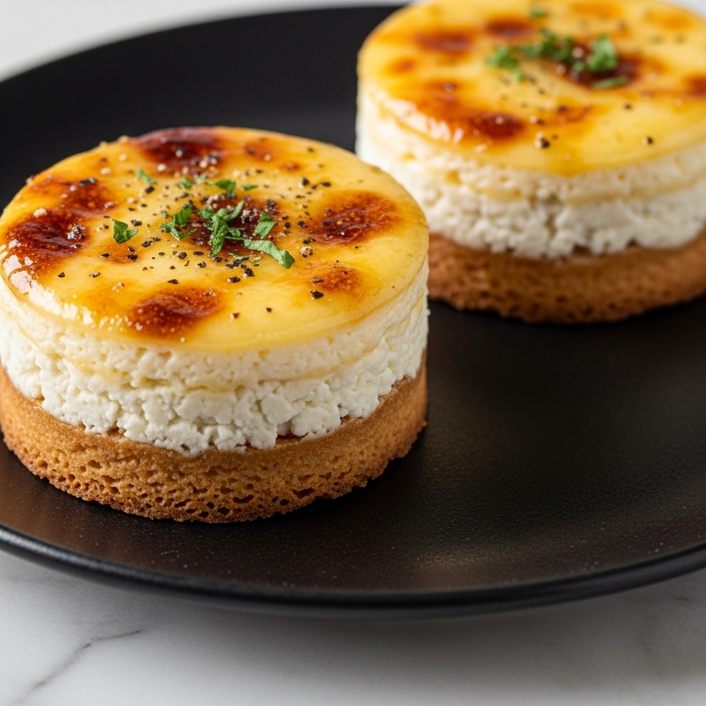 Two small round cheese tarts are shown on a dark plate, placed on a white marbled surface. Each tart has three visible layers: a thin, golden brown crust at the bottom with a slightly crisp texture; a thick, crumbly white cheese layer in the middle; and a shiny, golden glazed top layer that looks slightly caramelized with small browned spots and a creamy texture. The tops are sprinkled with small bits of green herbs and a little black pepper for garnish. The lighting highlights the glossy shine of the tarts, making them look fresh and delicious. Photo taken with an iphone --ar 4:5 --v 7