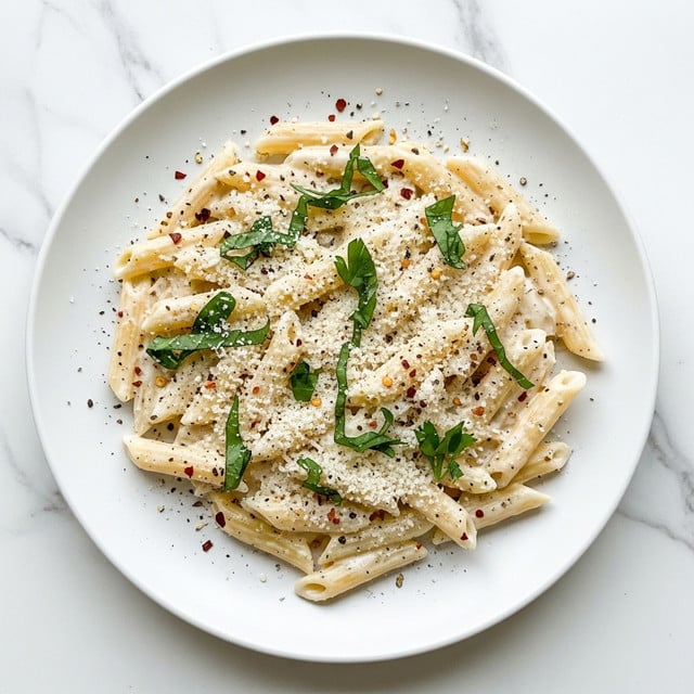 A white round plate holds a single layer of creamy penne pasta, coated thickly with a smooth, white cheese sauce. The pasta is sprinkled generously with finely grated cheese that looks soft and crumbly, along with small bits of leafy green herbs scattered unevenly across the top. Tiny red chili flakes and crushed black pepper are scattered on and around the pasta, adding texture and color contrast. The white marbled surface beneath adds a clean and bright look to the presentation. photo taken with an iphone --ar 4:5 --v 7