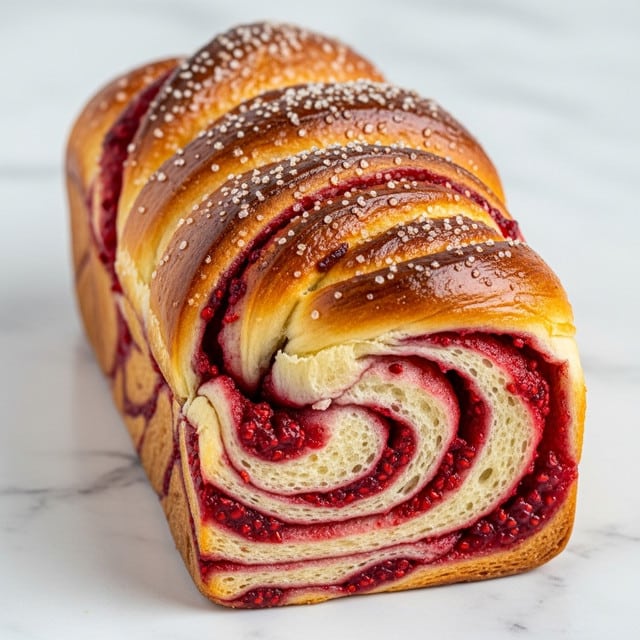 The image shows a loaf of brioche bread with multiple twisted layers. Each layer has a shiny, golden-brown crust with swirls of bright red raspberry jam visible throughout. The brioche dough is soft and fluffy, with the jam creating a vibrant, glossy contrast nestled in between the thick dough ribbons. The top of the loaf is sprinkled with a light dusting of sugar, adding a slight sparkle. The loaf sits on a white marbled surface, with the texture of the bread and the rich color of the raspberry swirl clearly shown. photo taken with an iphone --ar 4:5 --v 7