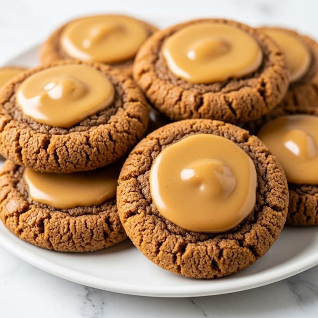 A close-up of a stack of round cookies on a white plate, each cookie has a thick, golden-brown base with a rough, cracked texture. On top of each cookie is a smooth, glossy layer of light caramel-colored icing, slightly irregular in shape and sitting in the center. The cookies are piled on one another showing their thickness and different angles, placed on a surface with white marbled texture. photo taken with an iphone --ar 4:5 --v 7