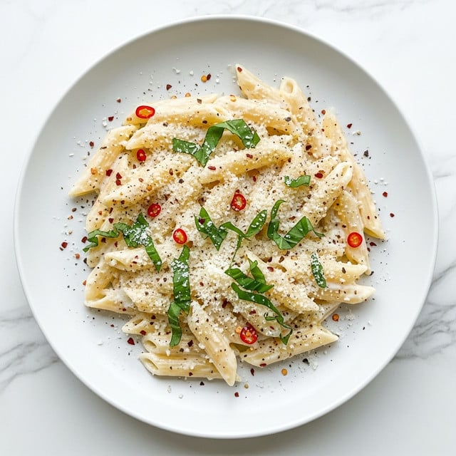 A close-up of a white plate filled with creamy penne pasta layered with a smooth white sauce coating each piece. The pasta is topped with grated white cheese and sprinkled with green fresh basil leaves and small bits of red chili flakes, adding texture and color contrast. There is a light dusting of black pepper scattered around, enhancing the look. The plate sits on a white marbled surface. photo taken with an iphone --ar 4:5 --v 7
