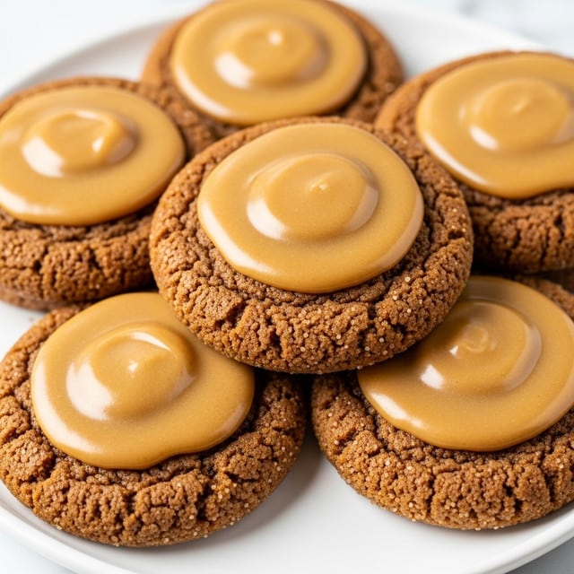 A stack of round cookies sits on a white plate, each cookie showing two layers: a bottom layer of textured, slightly cracked golden-brown cookie dough and a top layer of smooth, shiny light beige glaze unevenly spread on each cookie's surface. The cookies are piled casually, creating a slight height and depth with some cookies partially hidden under others. The plate rests on a white marbled texture, enhancing the warm tones of the cookies. Photo taken with an iphone --ar 4:5 --v 7