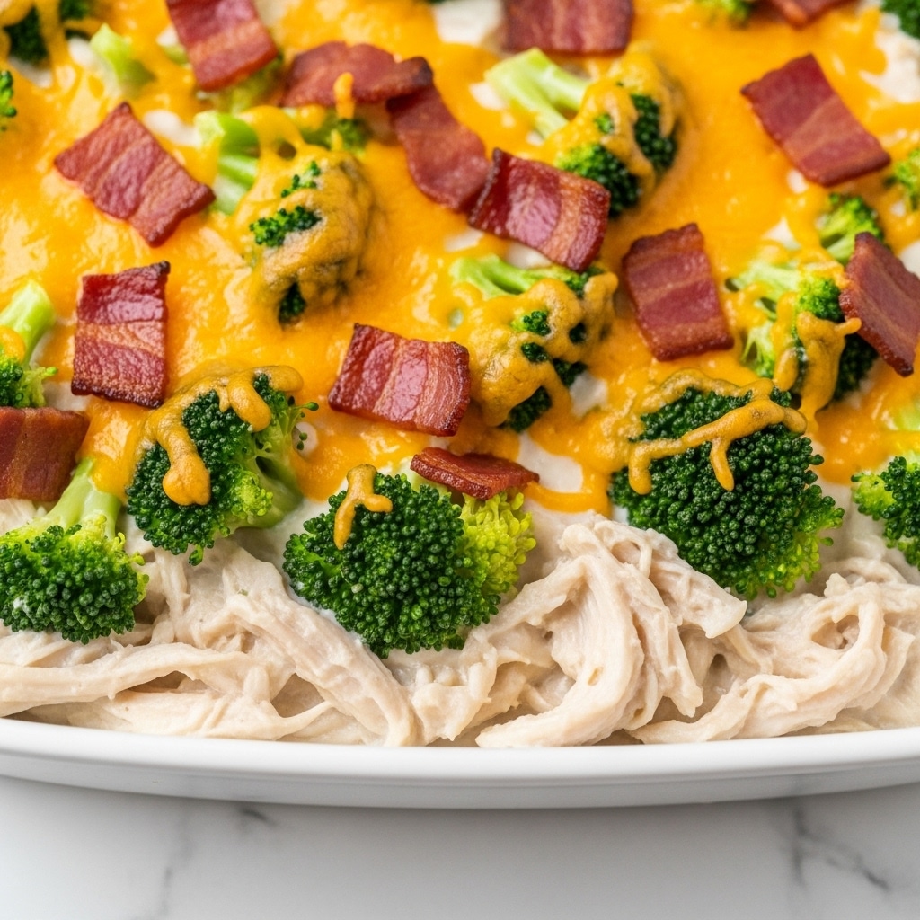 The image shows a close-up of a creamy casserole in a white dish. The top layer is golden melted cheese mixed with small pieces of crispy red bacon. Below this, there are bright green broccoli florets spread evenly. The bottom layers show shredded white chicken mixed with a creamy white sauce that looks rich and smooth, filling the dish with moist texture. The white dish rests on a white marbled surface, enhancing the warm and fresh look of the dish. photo taken with an iphone --ar 4:5 --v 7