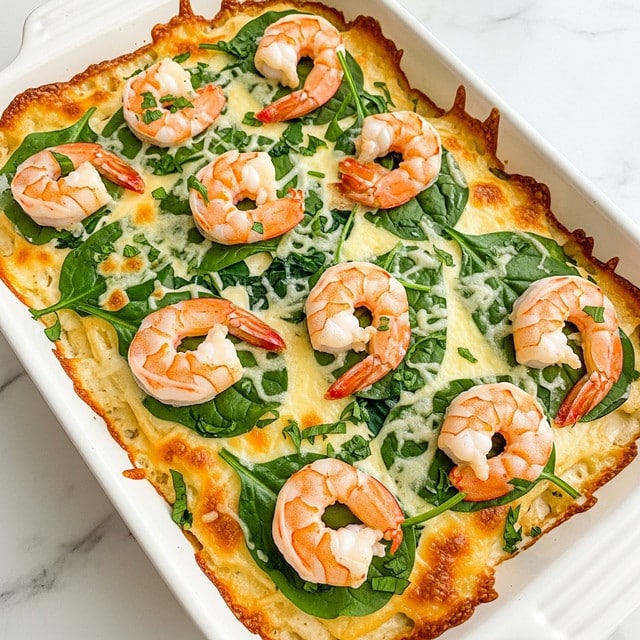 The image shows a white rectangular dish filled with a creamy baked dish that looks like a shrimp casserole. The top layer is made of melted cheese with a golden-brown crust around the edges. Scattered evenly on top are plump, pink shrimp, each curled and cooked perfectly. Dark green spinach leaves are spread across the surface, adding a fresh contrast to the light cheese and shrimp. Small bits of green herbs are sprinkled over everything, giving the dish a final touch of color. Below the shrimp and spinach, layers of creamy sauce and possibly more cheese or a base bake are visible. The dish sits on a white marbled surface. photo taken with an iphone --ar 4:5 --v 7