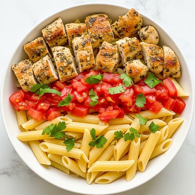 A white bowl filled with a pasta dish showing three main layers: the bottom layer has pale yellow penne pasta with a slightly glossy texture, the middle layer is scattered with bright red diced tomatoes, and the top layer features golden brown grilled chicken pieces seasoned with herbs. Fresh green parsley is sprinkled on top, adding a touch of color. The bowl rests on a white marbled surface. Photo taken with an iphone --ar 4:5 --v 7