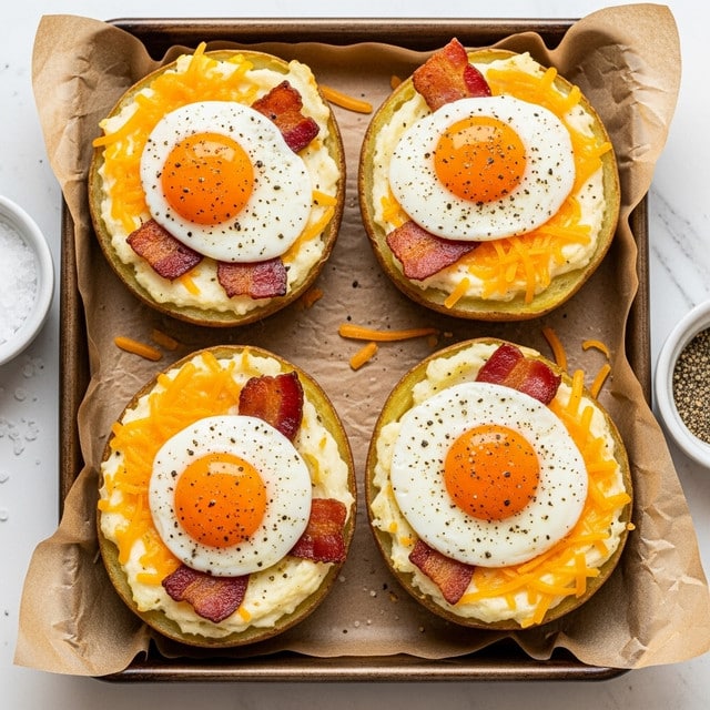 The image shows four baked potato skins on a white tray, each filled with layers starting with mashed potato inside a crispy brown potato shell, topped with melted orange cheddar cheese around the edges, a baked egg with a bright yellow yolk in the center, and pieces of crispy bacon scattered on top. There is a sprinkle of black pepper over the eggs and cheese, adding texture. The tray is placed on a white marbled surface with a small brown bowl of coarse salt and part of a white bowl visible at the edges. Photo taken with an iphone --ar 4:5 --v 7