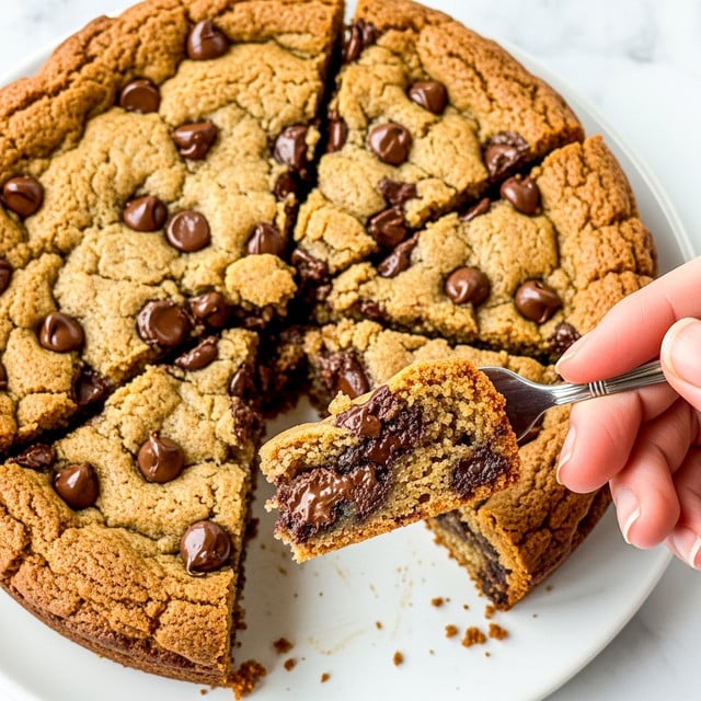 The image shows a close-up of a thick, golden-brown cookie bar with visible chunks of melted dark chocolate spread throughout. A woman's hand is lifting a square piece of the cookie bar with a fork, showing the soft, chewy texture inside contrasted with the crisp edges on top. The cookie bar has a slightly cracked surface with a shiny finish from melted chocolate, sitting on a white marbled surface. Photo taken with an iphone --ar 4:5 --v 7