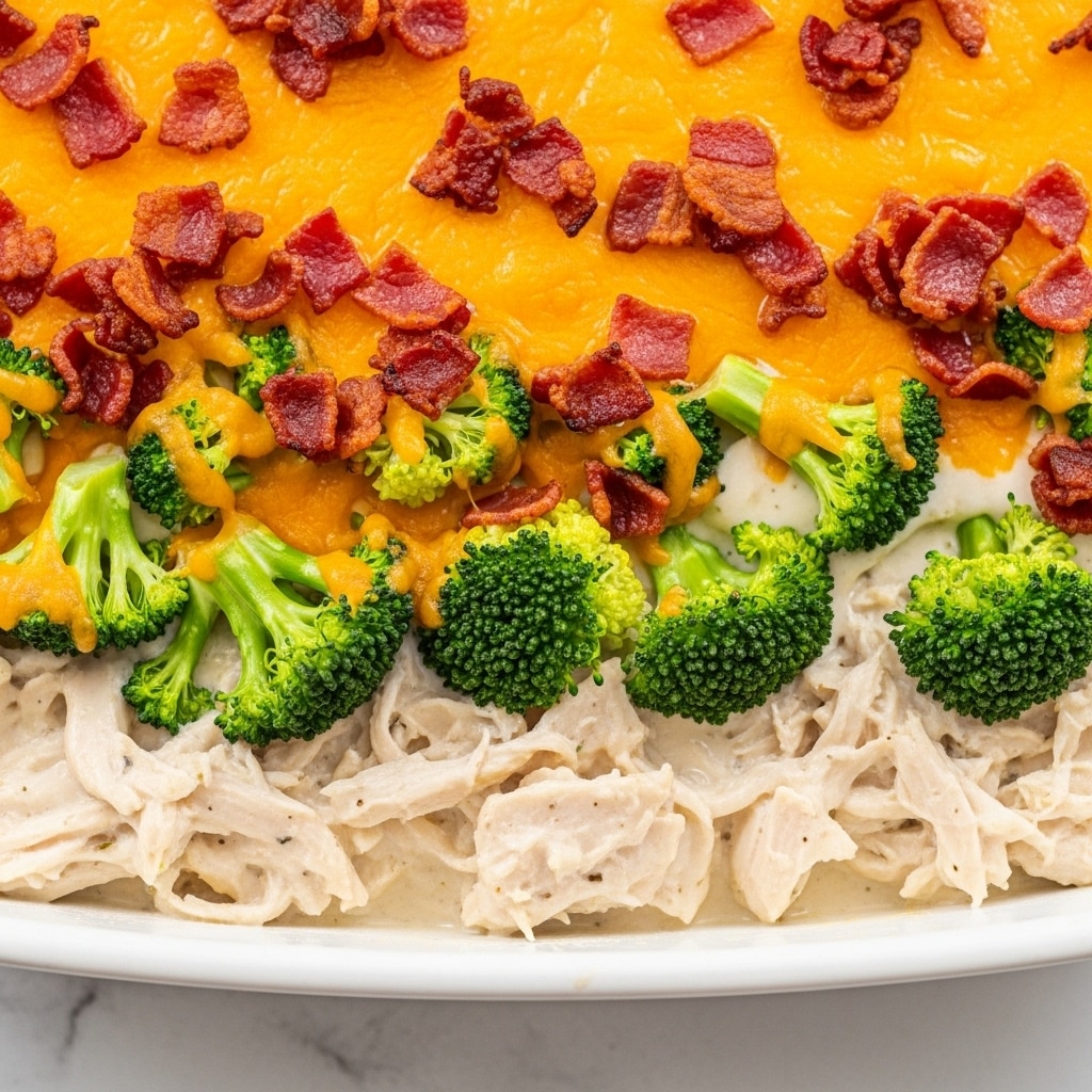 The image shows a cheesy broccoli and chicken casserole in a white dish. The bottom layer is creamy white sauce mixed with visible broccoli pieces and shredded chicken. On top, melted golden-yellow cheese covers the dish with crispy brown bits of bacon scattered all over. The broccoli is bright green, contrasting with the creamy and cheesy textures. The dish looks freshly baked with bubbling cheese and a soft, moist consistency. The dish is placed on a white marbled surface. photo taken with an iphone --ar 4:5 --v 7