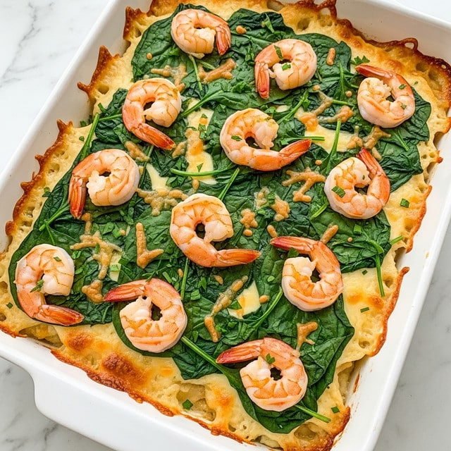 A white rectangular baking dish filled with a creamy baked shrimp casserole, showing about three layers: the bottom layer is a smooth, light creamy sauce, the middle layer includes melted white cheese mixed with bright green spinach leaves, and the top layer consists of evenly spaced pink-orange shrimp with a slight char, garnished with small flecks of green herbs, all sitting on a white marbled surface. photo taken with an iphone --ar 4:5 --v 7