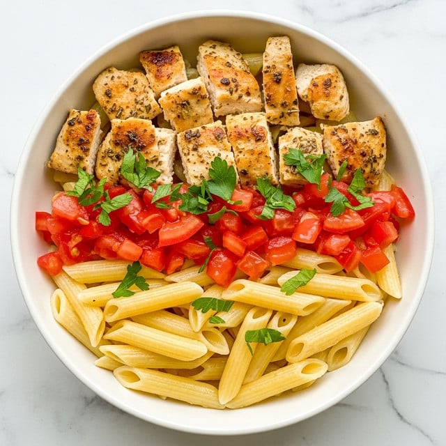 The image shows a bowl of pasta with several layers and colors. The bottom layer is penne pasta, light golden and cooked, filling the bowl. On top of the pasta, there are bright red diced tomatoes scattered evenly. The top layer has grilled pieces of chicken, browned with visible grill marks, placed over the tomatoes. Green chopped herbs are sprinkled across all layers, adding a fresh touch. The bowl is white, and the background is a white marbled surface. The photo taken with an iphone --ar 4:5 --v 7