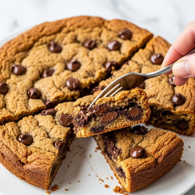 A close-up of a large cookie cake with a thick, golden-brown surface full of melted chocolate chips, broken into several uneven pieces. A woman's hand holds one missing piece with a silver fork near the center, showing the soft and gooey inside with chocolate chunks. The cookie cake sits on a white plate against a white marbled background. The texture is rough on top with the melted chocolate creating darker spots. photo taken with an iphone --ar 4:5 --v 7