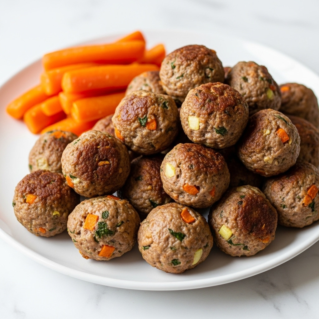 A white plate filled with two layers: the base layer is a small pile of orange, cooked carrot sticks placed towards the back left side. The top layer consists of about two dozen small, round meatballs, browned and slightly crispy on the outside, with visible bits of green herbs and orange vegetables inside each meatball. The meatballs cover most of the plate, stacked loosely in a mound over the carrots. The scene is set on a white marbled surface. photo taken with an iphone --ar 4:5 --v 7