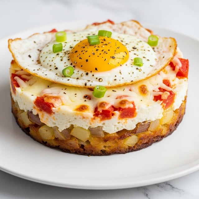 A round, thick layered dish sits at the center of a white plate with a white marbled texture underneath. The base layer is a crispy, golden-brown mix of shredded potatoes with bits of melted cheese and small orange pieces, slightly browned and textured on the edges. On top of this base is a smooth, white fried egg layer with a bright yellow yolk in the middle, sprinkled with black pepper and chopped green herbs. The yolk looks soft and glossy, creating a contrast with the crispy edges below. photo taken with an iphone --ar 4:5 --v 7