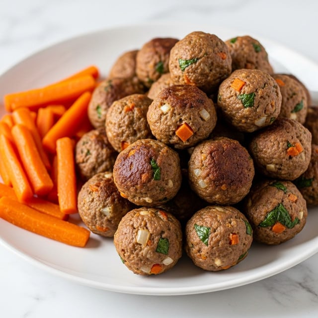 A white plate is filled with about twenty small meatballs, each browned on the outside with visible bits of green and orange vegetables mixed inside, giving a speckled look to the meat. The meatballs are piled mostly in the center and right of the plate, while on the left side, there are several sticks of cooked carrots in a bright orange color. The surface beneath the plate shows a white marbled texture, creating a clean and simple background. The meatballs have a slightly uneven round shape and a juicy texture. Photo taken with an iphone --ar 4:5 --v 7