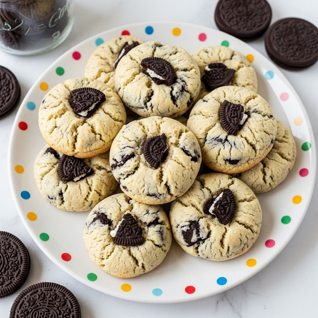 A white plate with colorful dots holds a pile of round cookies that are light golden brown with visible dark chunks of Oreo pieces mixed inside. The cookies have a soft, slightly crinkled texture on top. Around the plate, there are some whole Oreo cookies and a jar partially in view, all set on a white marbled surface. Photo taken with an iphone --ar 4:5 --v 7