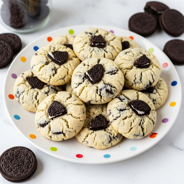A white plate with colorful dots around the edge holds about eight thick, round cookies. Each cookie is light golden brown with a slightly cracked top, showing chunks of black and white cookie pieces embedded throughout. The cookies look soft and chewy with a slightly crispy edge. The plate sits on a white marbled surface, and near it, there are some whole black and white cookies and an open cookie jar with the lid off. Photo taken with an iphone --ar 4:5 --v 7
