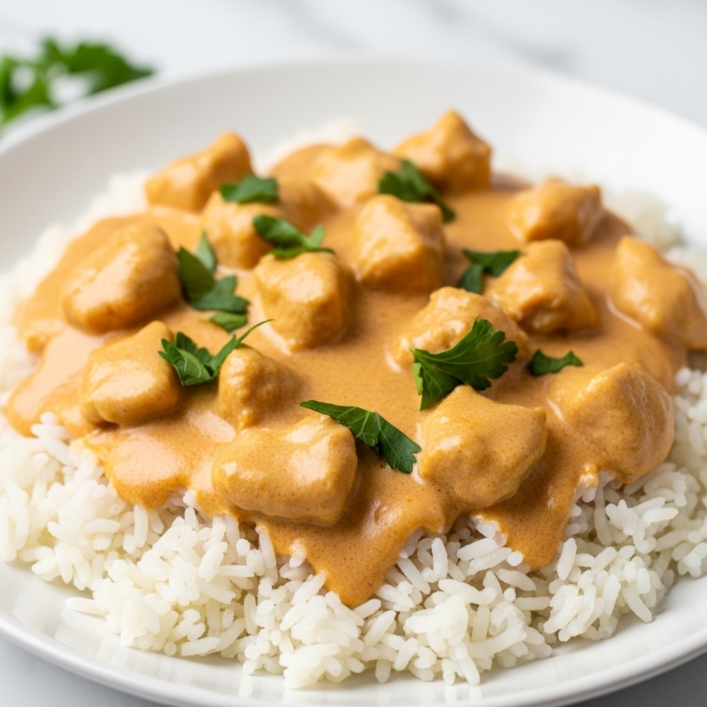 The image shows a close-up of a white plate filled with fluffy white rice at the bottom layer, topped with creamy chicken covered in a rich, light orange sauce that has a slightly smooth and thick texture. Small pieces of chicken are scattered evenly across the sauce. Fresh green parsley leaves are sprinkled on top, adding a fresh contrast to the creamy sauce. The white marbled background is softly blurred, keeping the focus on the food. Photo taken with an iphone --ar 4:5 --v 7