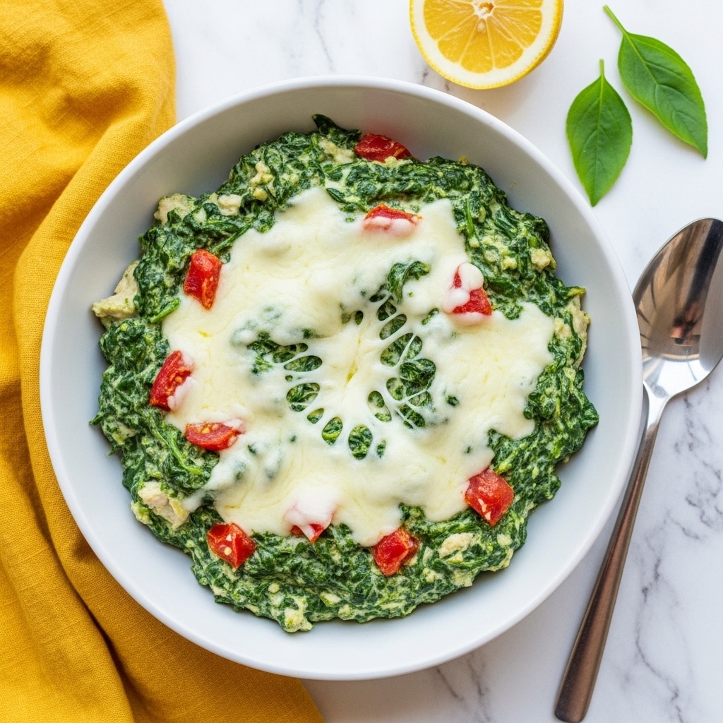 A white bowl filled with a creamy green spinach mixture that has small bits of red tomato scattered throughout. On top, there is a layer of melted white cheese that looks gooey and slightly stretchy in the center. The bowl is placed on a white marbled surface, with a yellow cloth on the left side and a silver spoon on the right. A wedge of lemon and a few green leaves are also on the surface, adding fresh and colorful details. Photo taken with an iphone --ar 4:5 --v 7