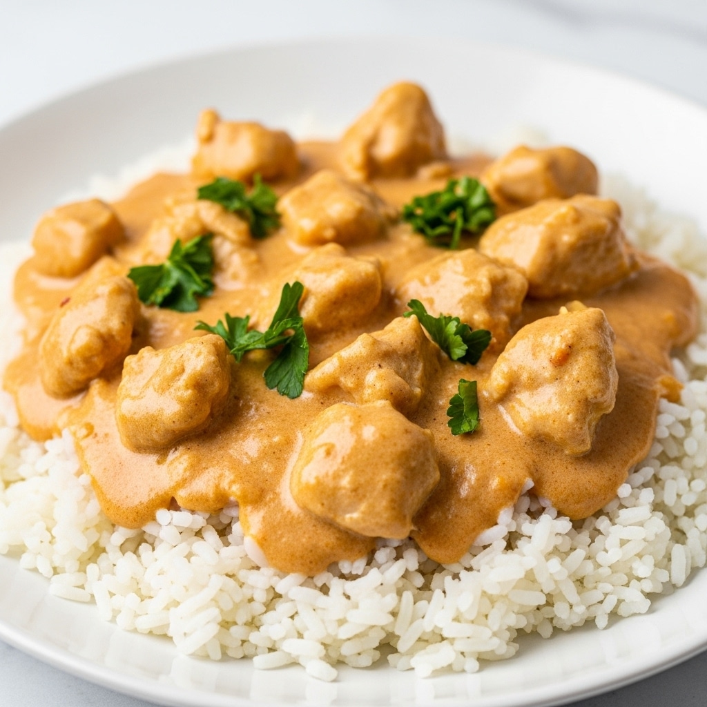 The image shows a close-up of a dish with soft, creamy chicken pieces smothered in a pale orange sauce, lightly speckled with red spices, and garnished with small green parsley leaves scattered on top. Below the sauce-covered chicken is a bed of fluffy white rice, with the grains visible and slightly separated. The dish is presented on a simple white plate against a white marbled background, with the textures of the creamy sauce, tender chicken, and rice clearly visible. Photo taken with an iphone --ar 4:5 --v 7