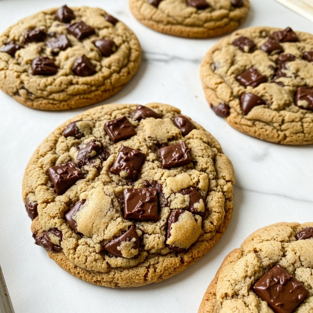 The image shows several thick, dark brown chocolate cookies with a cracked, slightly rough texture on top. Each cookie is decorated with small, white mini marshmallows and shiny, smooth chocolate drops scattered across the surface. The cookies are placed on a silver wire cooling rack sitting on a white marbled surface. One cookie at the bottom left is broken, showing its soft inside. Loose mini marshmallows and chocolate drops are scattered around the cookies, adding to the casual, fresh-baked look. photo taken with an iphone --ar 4:5 --v 7