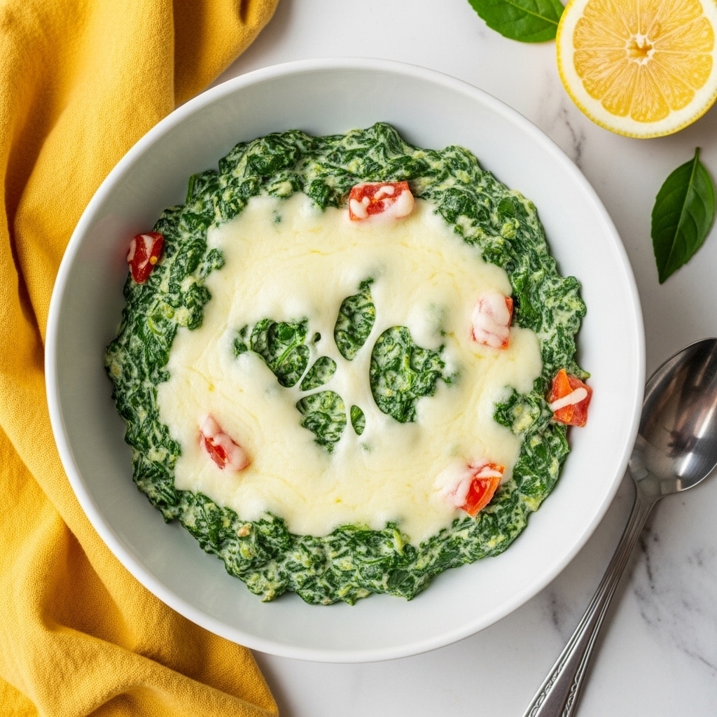 The image shows a white bowl filled with a creamy green spinach dip that has a thick, smooth texture with small red chunks of tomato scattered on top and throughout. There is a melted layer of white cheese in the center, which looks gooey and soft, blending slightly with the green dip around it. The bowl is placed on a white marbled surface, next to a silver spoon and a yellow cloth napkin. A lemon wedge and some green basil leaves are also visible nearby. Photo taken with an iphone --ar 4:5 --v 7
