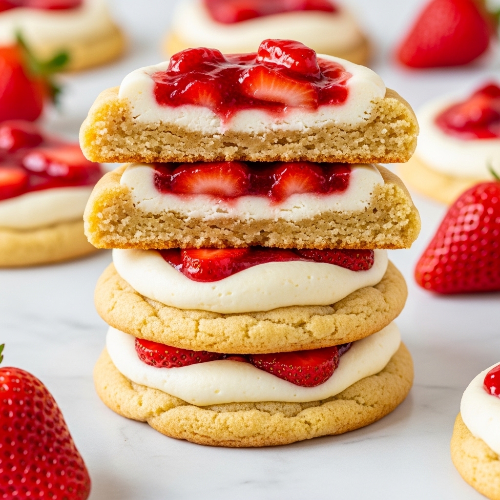 The image shows a close-up of three soft cookies stacked with one cookie split in half on top, revealing three layers: a light golden crumbly cookie base, a smooth white cream cheese layer in the middle, and a shiny red strawberry jam layer with visible strawberry pieces on top. The cookie edges are cracked and dusted lightly with sugar, giving them a rough texture. Around the cookies, fresh strawberries with green tops are placed on a white marbled surface, adding bright red and green color contrast. photo taken with an iphone --ar 4:5 --v 7