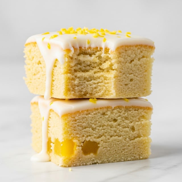 Two square pieces of light yellow cake are stacked, with the top piece having a bite taken out. Each piece is about one layer thick, showing a moist, soft texture inside. The cake is topped with a smooth, white icing that drips slightly down the sides, with small yellow bits sprinkled on top for decoration. The bottom piece has small chunks of a light yellow fruit visible near the base. The cake sits on a white marbled surface. photo taken with an iphone --ar 4:5 --v 7