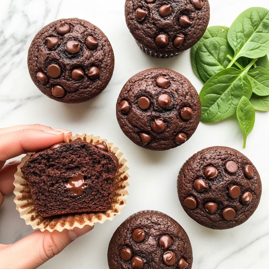 The image shows five chocolate muffins with chocolate chips on top, placed on a white marbled surface. Four muffins are fully visible while one in the bottom left corner is being held by a woman’s hand, with its paper liner pulled back to reveal the muffin’s soft, dark brown inside full of melty chocolate chips. There are fresh green spinach leaves near the top right muffins, adding a fresh touch of color to the scene. The muffins look moist with a slightly cracked top texture, and the chocolate chips are scattered unevenly on each muffin’s surface. Photo taken with an iphone --ar 4:5 --v 7