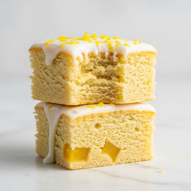 Two square pieces of lemon cake are stacked on a white marbled surface, each piece showing a soft, moist yellow crumb texture. The top layer of each cake piece is covered with a smooth white glaze that slightly drips down the sides, with small bits of lemon zest sprinkled on top adding a touch of yellow contrast. The top piece has a bite taken out of it, revealing the tender inside and a thin layer of lemon filling near the bottom edge of the bottom piece. photo taken with an iphone --ar 4:5 --v 7