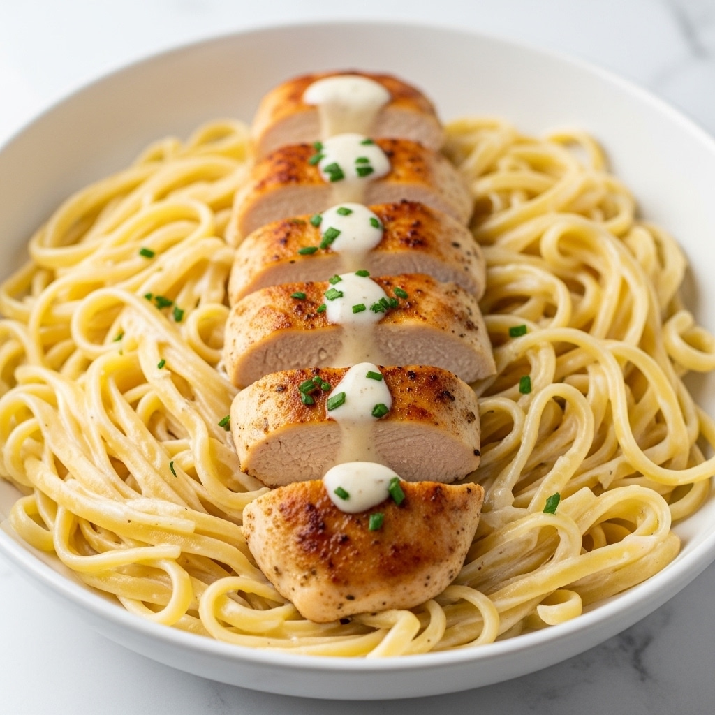 The image shows a white bowl filled with creamy fettuccine pasta at the bottom, having a smooth and rich light yellow sauce. On top, there are several pieces of golden-brown grilled chicken breasts, slightly shiny with a touch of white cream sauce drizzled over them. The chicken is sprinkled with finely chopped green herbs, adding a fresh contrast to the dish. The bowl sits on a white marbled surface, and the lighting makes the food look warm and inviting. photo taken with an iphone --ar 4:5 --v 7