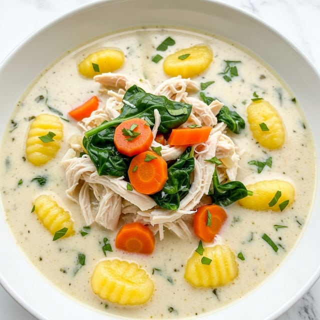 A white bowl is filled with creamy soup layered with soft, pale yellow gnocchi at the bottom and around the edges. On top lies shredded chicken pieces, bright orange carrot chunks, dark green leafy spinach, and small translucent onion slices, all mixed in the creamy white broth. The dish is sprinkled with small bits of fresh green herbs, adding texture and color contrast. The creamy broth looks smooth and covers much of the ingredients, creating a warm, hearty appearance. The bowl sits on a white marbled surface. photo taken with an iphone --ar 4:5 --v 7