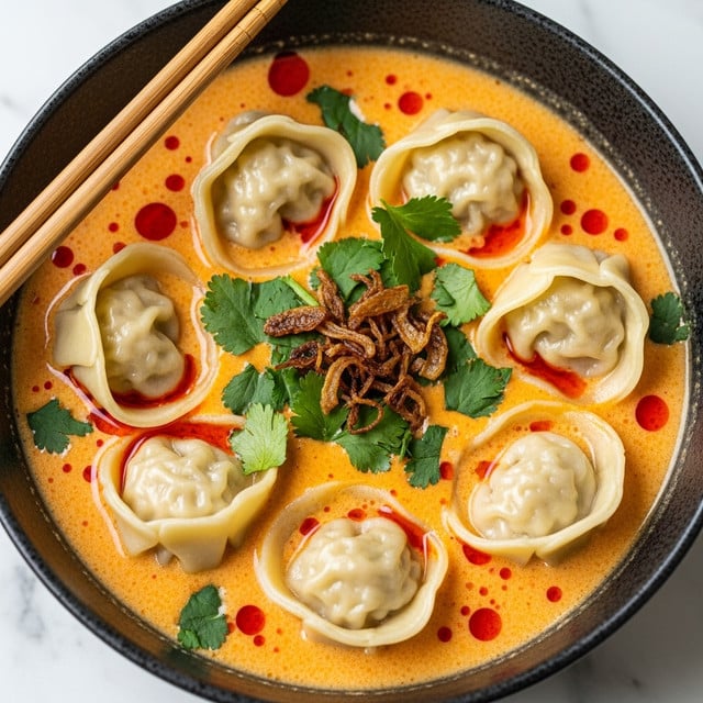 A white bowl filled with vibrant orange creamy soup with a smooth texture and small red oil droplets floating on the surface, containing five plump, pale yellow dumplings with soft folds floating evenly in the soup. On top of the dumplings and soup, there is a generous sprinkle of chopped green herbs and thinly sliced onions adding a fresh green contrast. A pair of dark brown wooden chopsticks rests on the left side of the bowl. The bowl is placed on a white marbled surface with some green herbs and tiny red oil drops scattered around. Photo taken with an iphone --ar 4:5 --v 7