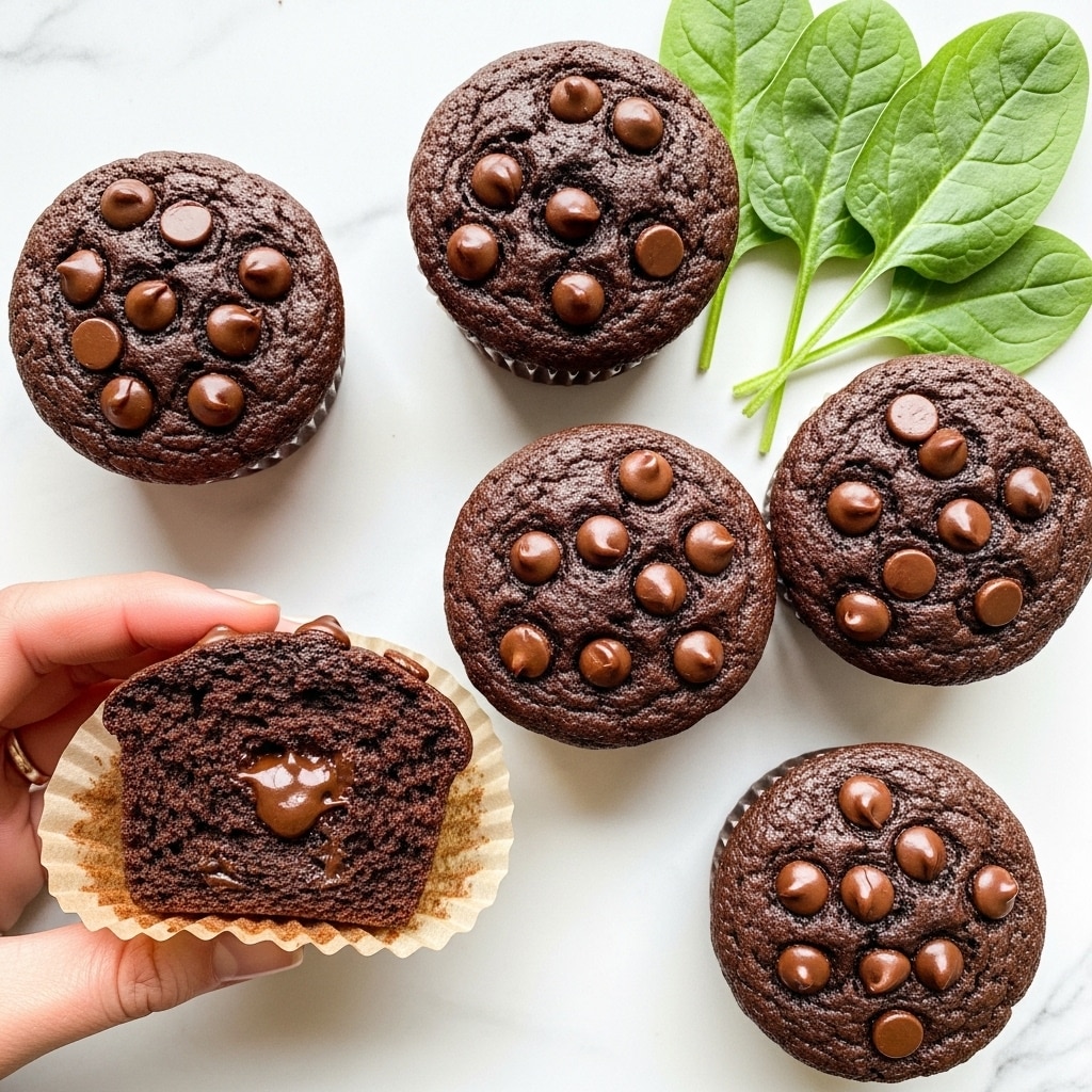 The image shows a close-up of five chocolate muffins with chocolate chips on top, sitting on a white marbled surface. Each muffin has a rich, dark brown color and a slightly cracked top with scattered shiny chocolate chips, giving a gooey texture. Four muffins are fully visible, while one is partly wrapped in a beige paper liner. A woman's hand is gently holding the partly wrapped muffin, pulling it away from the liner. Fresh green leaves are placed near the muffins, adding a touch of color contrast. The overall look is warm and inviting, with soft natural light highlighting the textures. photo taken with an iphone --ar 4:5 --v 7