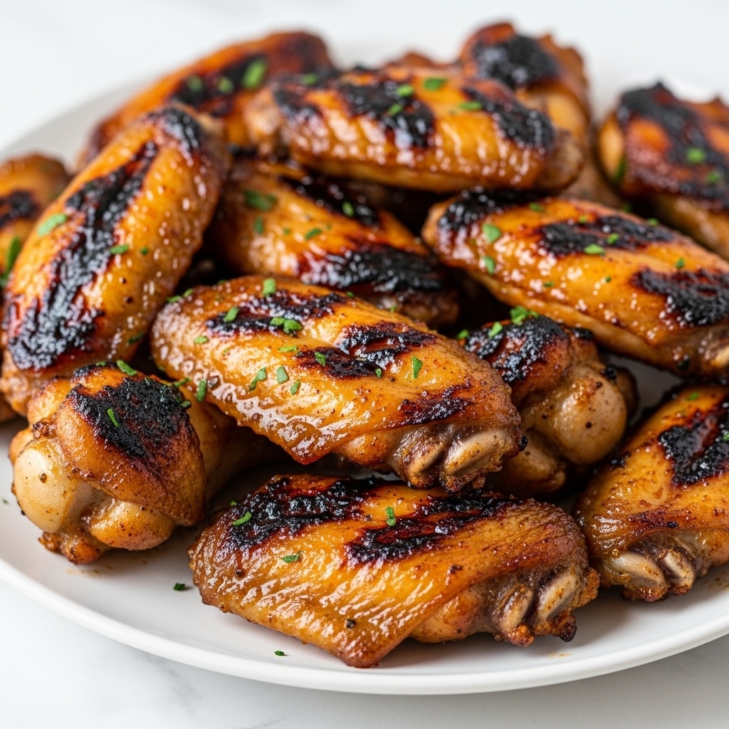 Close-up of a white plate filled with multiple pieces of crispy, grilled chicken wings. The wings have a rich dark golden-brown color with charred edges and a slightly sticky glaze, giving them a shiny and textured look. Small bits of green herbs are sprinkled lightly over the wings, adding a fresh contrast. The white marbled surface underneath the plate is bright and clean, making the warm colors of the chicken stand out. Photo taken with an iphone --ar 4:5 --v 7