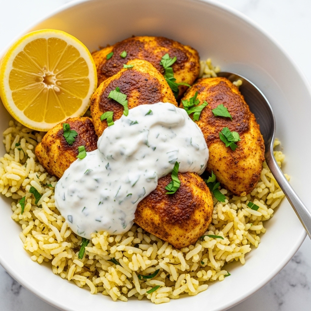 A close-up of a bowl showing cooked yellow rice as the base layer with a soft texture, topped with chunks of grilled chicken seasoned with spices giving them a golden brown color with small green herb pieces. On top of the chicken and rice sits a thick dollop of white creamy sauce speckled with green herbs, garnished with chopped green parsley. On the left side of the bowl, there is a lemon wedge with bright yellow skin and pale juicy flesh. A silver fork is partially visible, stuck into the rice. The bowl is white with brown speckles, placed on a white marbled surface. Photo taken with an iphone --ar 4:5 --v 7