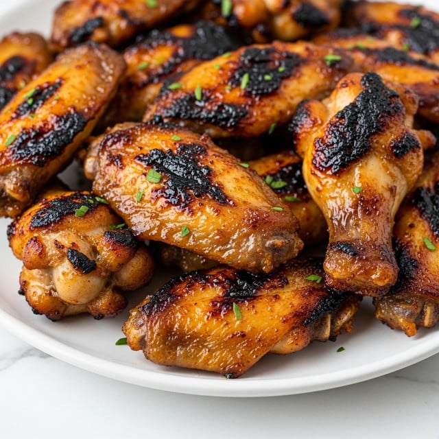 A close-up view of several juicy pieces of grilled meat, each with a rich, dark-brown char and caramelized texture showing crispy edges. The meat sits tightly packed together, with some parts highlighted by a glossy shine, indicating a glaze or sauce. Small bits of chopped green herbs are scattered on top, adding a fresh contrast to the deep tones of the meat. The background is a white marbled texture. Photo taken with an iphone --ar 4:5 --v 7