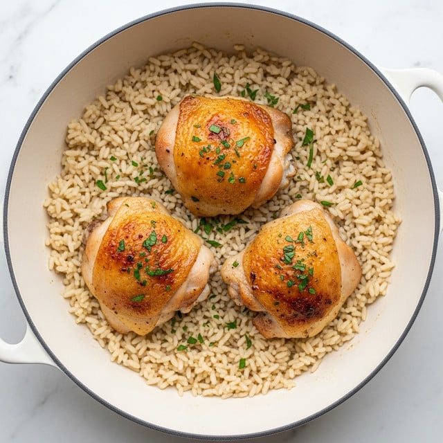 The image shows a round white bowl filled with three pieces of roasted chicken thighs placed on a bed of cooked white rice. The chicken thighs have a golden-brown crispy skin with some dark charred spots and are sprinkled with small green herb pieces. The rice underneath looks fluffy and slightly moist, soaking some juices from the chicken. The bowl sits on a white marbled surface. photo taken with an iphone --ar 4:5 --v 7