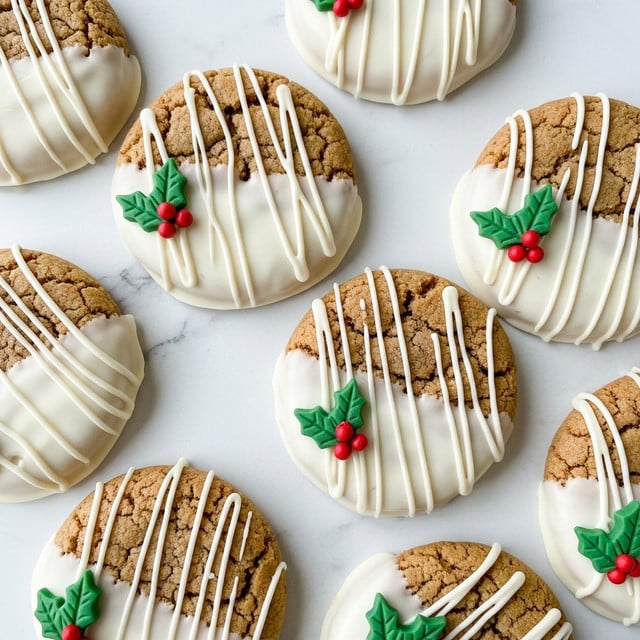 The image shows several round cookies on a white marbled surface. Each cookie is light brown with a slightly cracked texture, and one side of each cookie is dipped in white icing with thin white icing lines hanging down in a dripping pattern. There is a small green decoration shaped like holly leaves with red berries on the edge where the icing and cookie meet. The cookies are arranged close to each other but not touching. Photo taken with an iphone --ar 4:5 --v 7