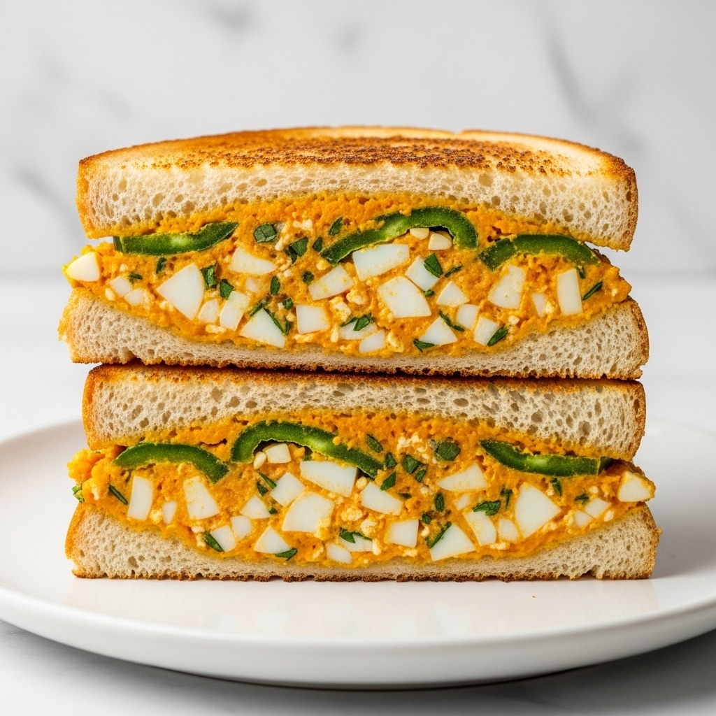 The image shows two thick slices of toast stacked on a white plate with a white marbled surface background. Each slice has a bottom layer of soft, light brown toasted bread, topped with a generous spread of a chunky orange-yellow mixture that includes small white chunks of boiled egg and green herbs. On top of this mixture, there are thin, bright green slices of jalapeño peppers placed visibly near the center. The toast edges are crisp and golden brown, while the topping appears creamy and slightly browned in spots, giving a textured and tasty look. Photo taken with an iphone --ar 4:5 --v 7